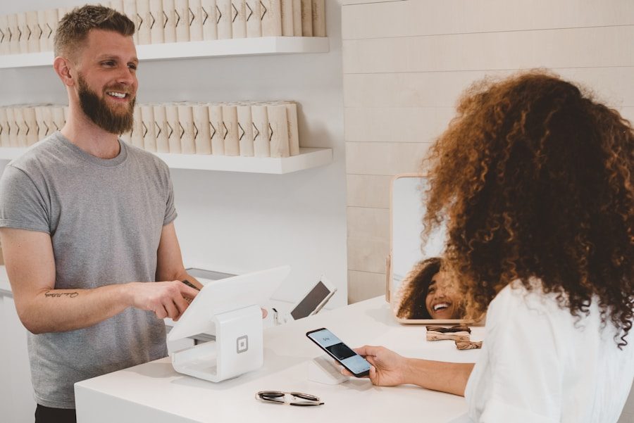 Paying by card at a shop counter